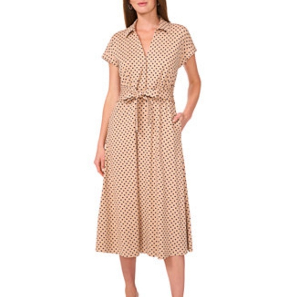 MSK Women Midi Dress Sz XL Polka Dot Collared Belted Short Sleeve NWT Cocktail